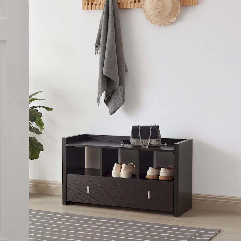 Shoe Entry Bench with Three Shelves, One Drawer with Divided Compartment