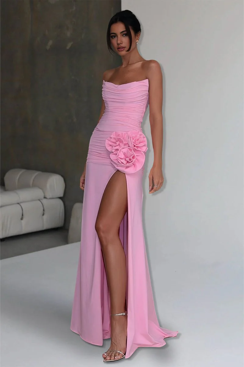 Pink - Strapless Mermaid Chiffon Pleated Long Prom Dresses With Floral
