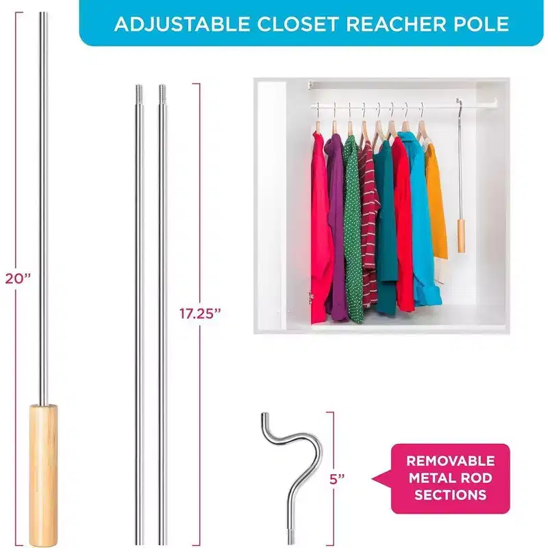 Hold N' Storage - Closet Reacher Pole with Shepherd Hook and Wooden Handle. Adjustable 2.75 to 5 Feet