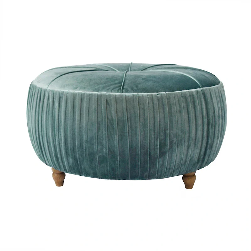 Velvet Round Ottoman with Pleated Design