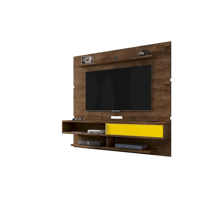 Wall-Mounted Entertainment Center with Shelves - Brown Wood