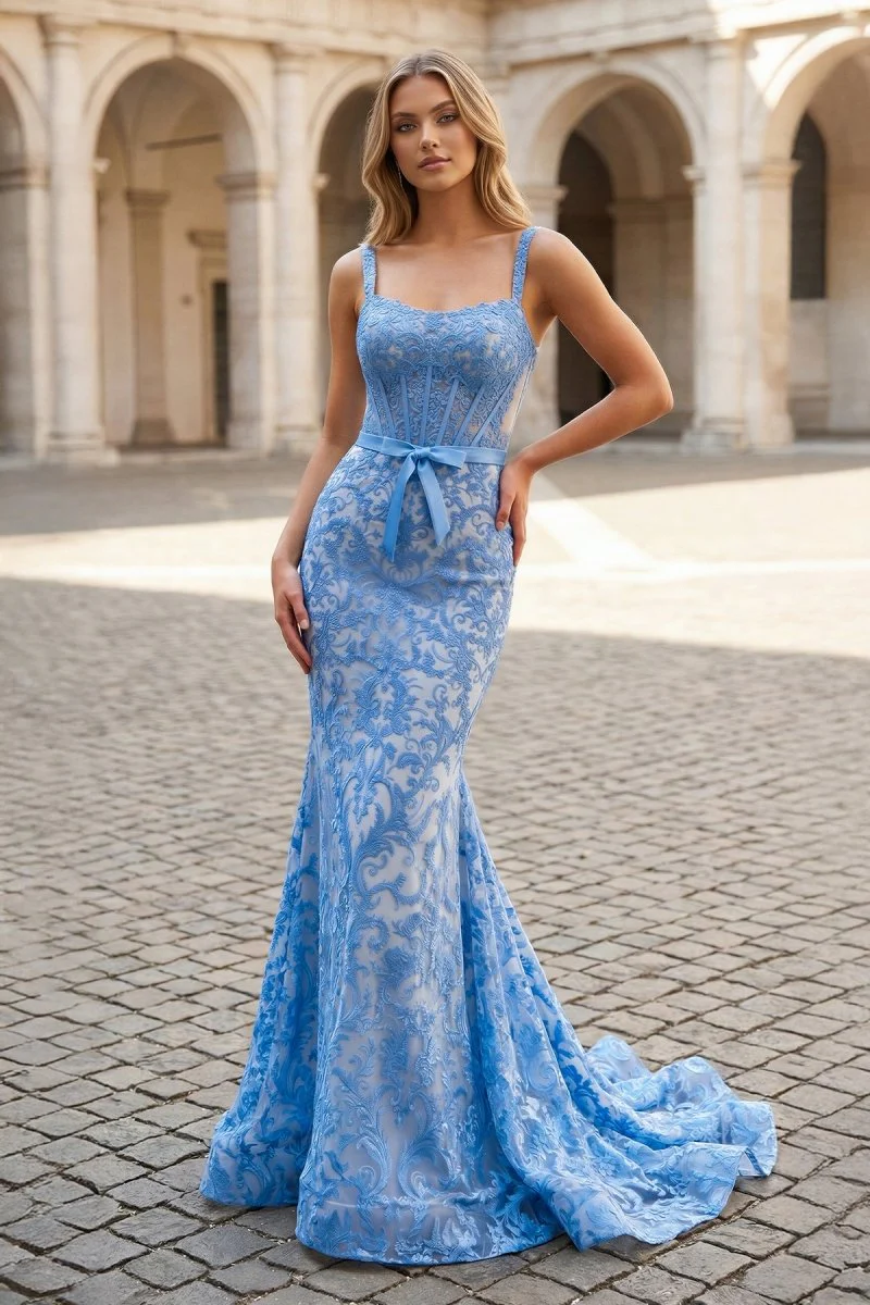 Gorgeous Mermaid Scoop Neck Blue Lace Prom Dress