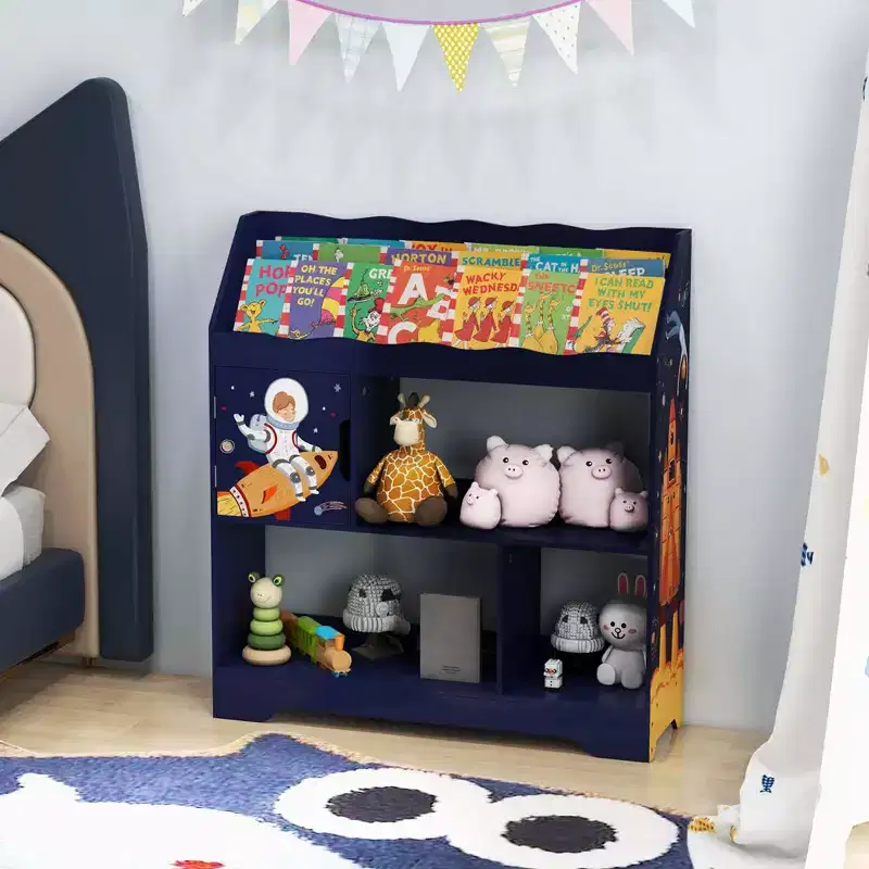 Costway Toy Storage Organizer 3-In-1 Kids Toy Shelf with Book Shelf, Storage Cabinet White/Blue
