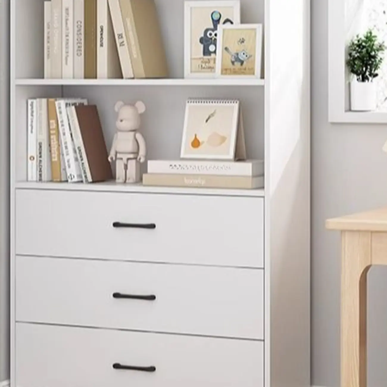 Narrow Modern Nut-Brown Wooden 3-Shelf Bookcase with Cabinet