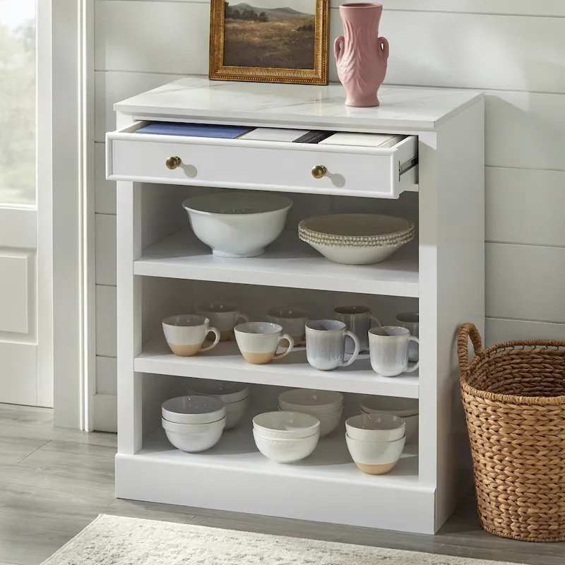 White Farmhouse 1-Drawer Cabinet with Shelves – Faux Marble Top