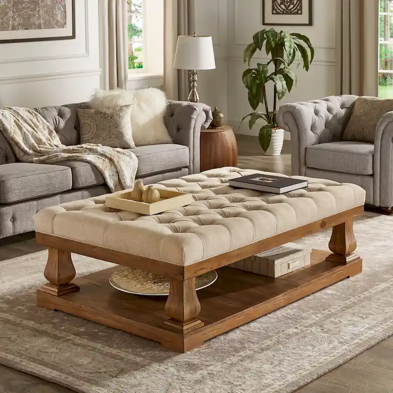 Linen Baluster Rectangular Ottoman