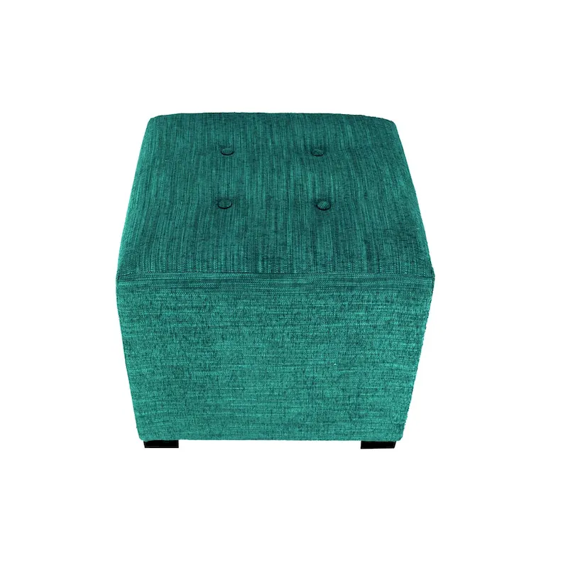 Square Button-Tufted Cotton Ottoman – Espresso / Grey / Aqua, Wood Legs, Single