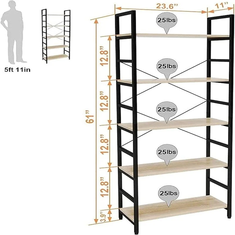 5 Tier Bookcase Adjustable Shelves