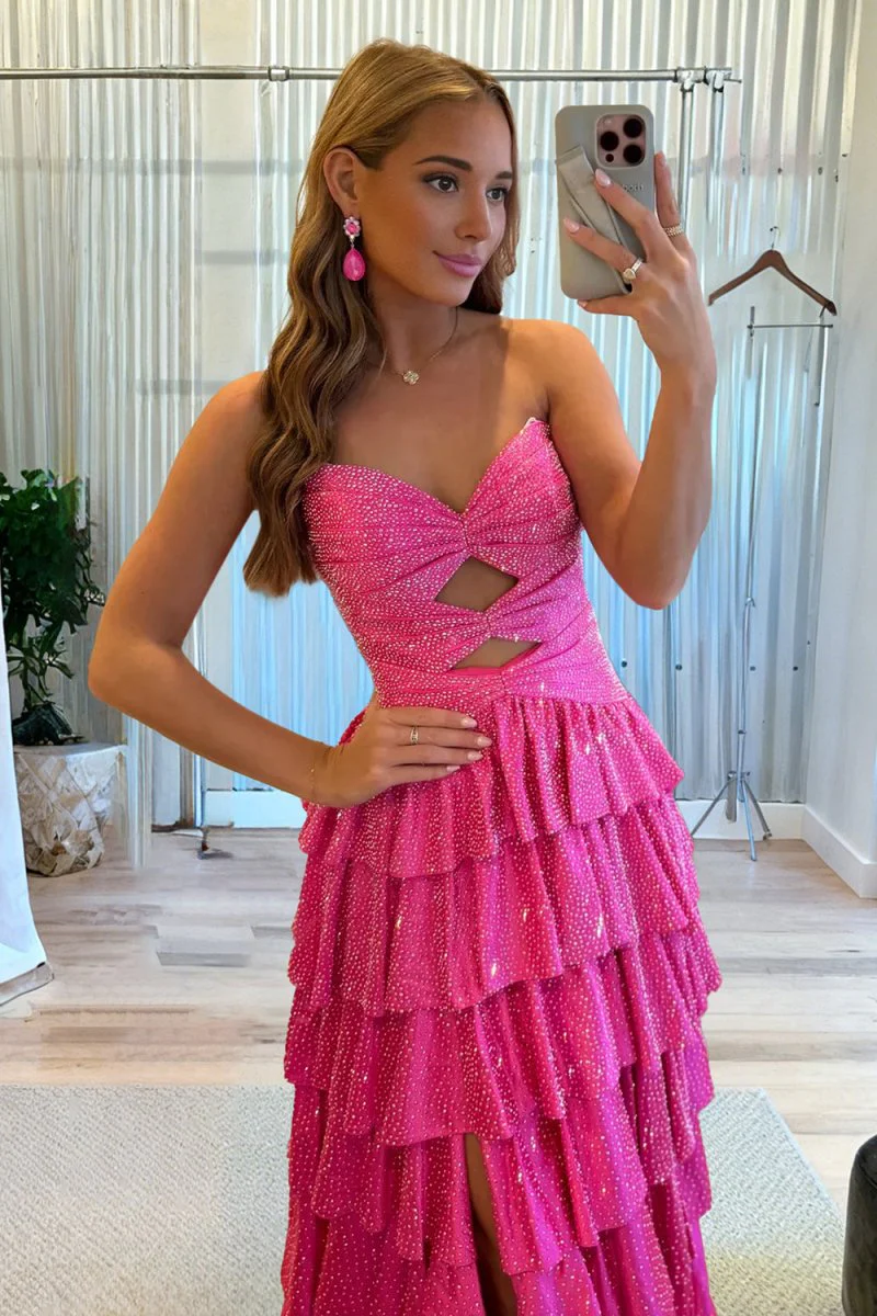 Yellow Strapless A Line Satin Beaded Long Prom Dresses With Ruffles