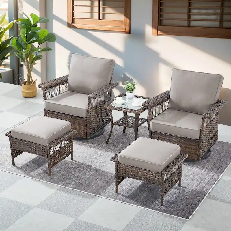 Gymojoy Patio Swivel Rocking Chairs & Table and Ottoman - Brown