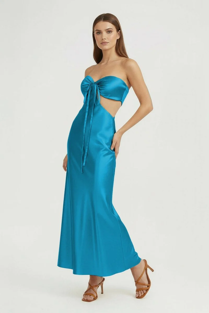 Aqua Strapless Sheath Satin Open Back Prom Dresses With Cutout