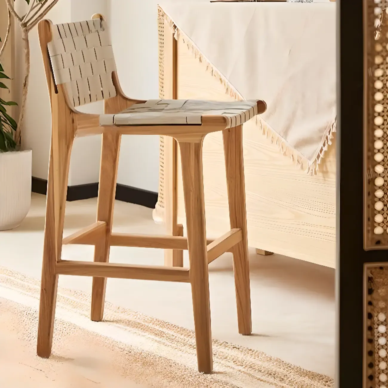 Rustic Faux Leather Wooden Woven Bar Stool