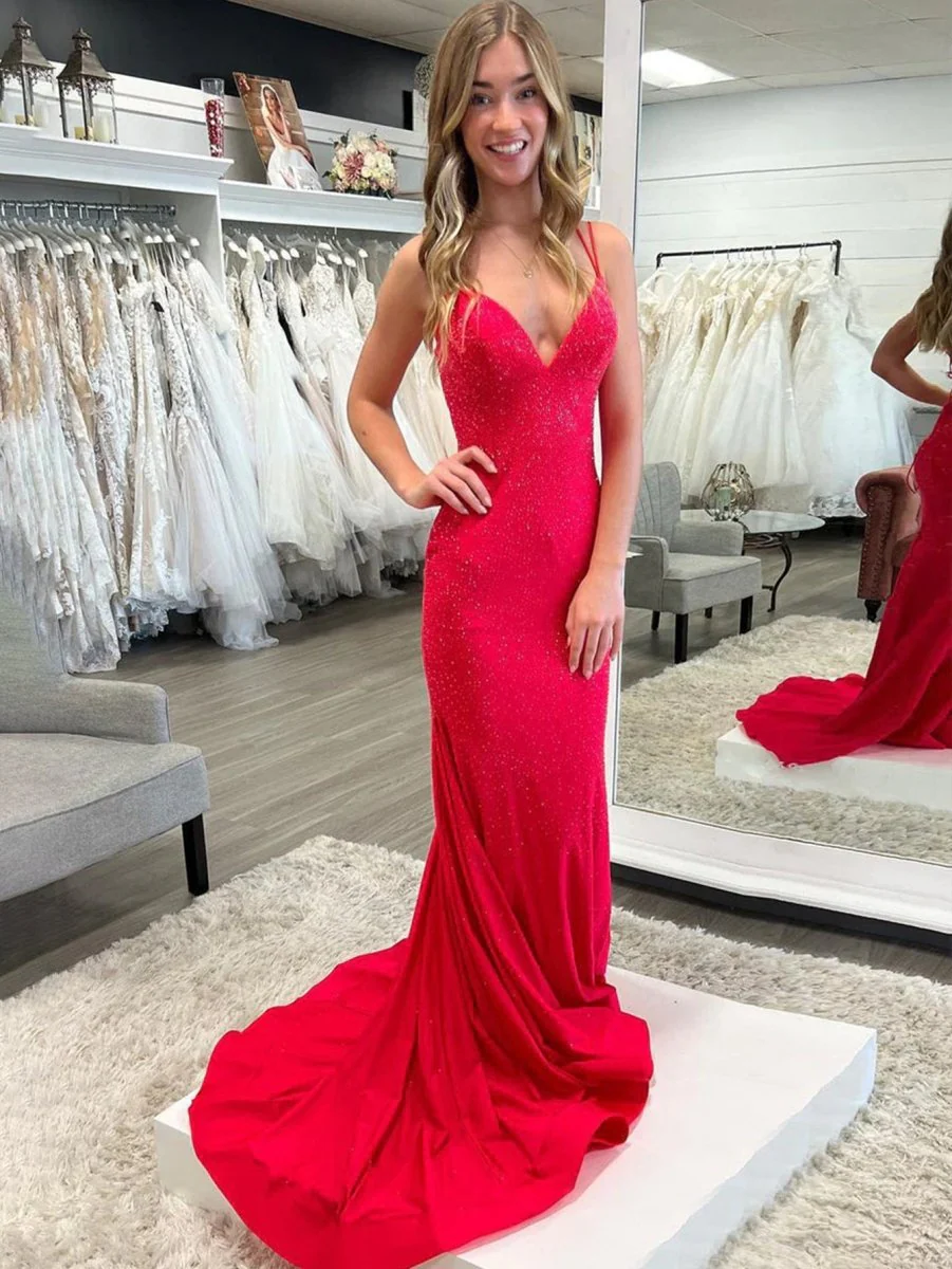 Sparkly Mermaid V Neck Beaded Satin Long Prom Dress