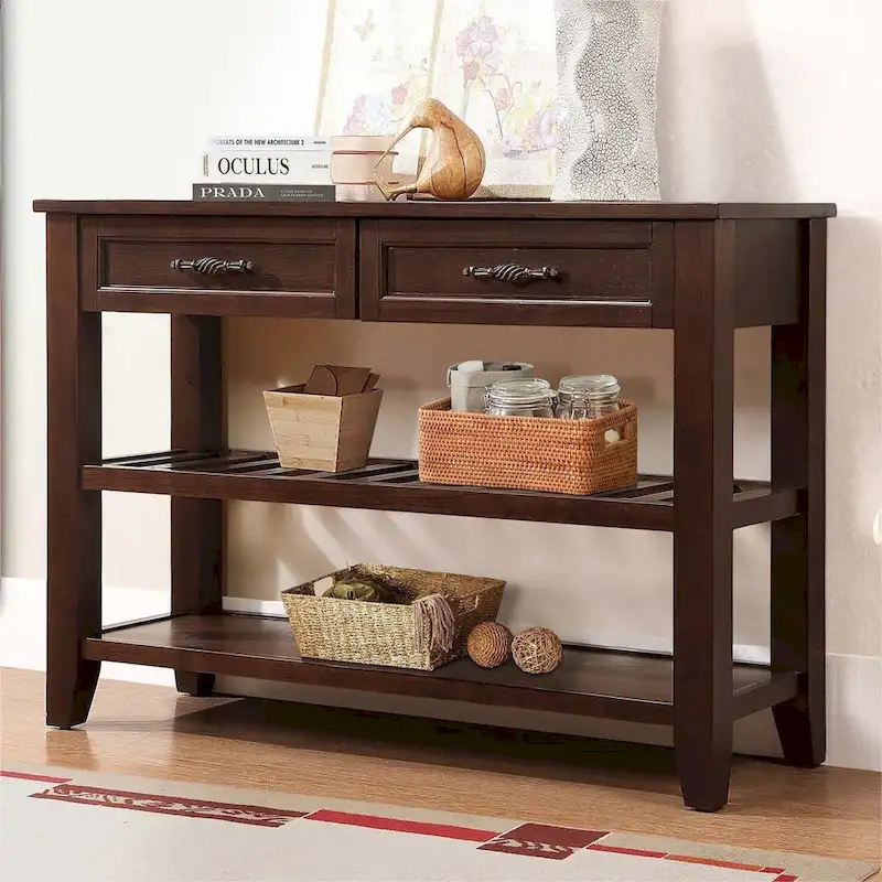 Mid-Century Style Solid Wood Console Table with 2 Storage Drawers and 2 Tiers Shelves