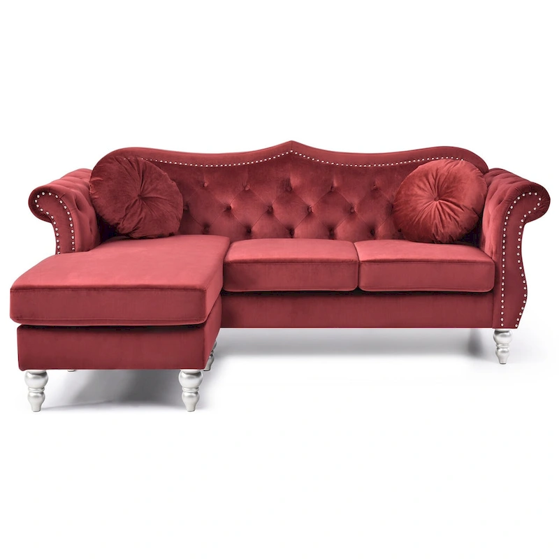 Hollywood 81 in. Velvet Chesterfield Sectional Sofa with 2-Throw Pillow - 81L x 35W x 34H