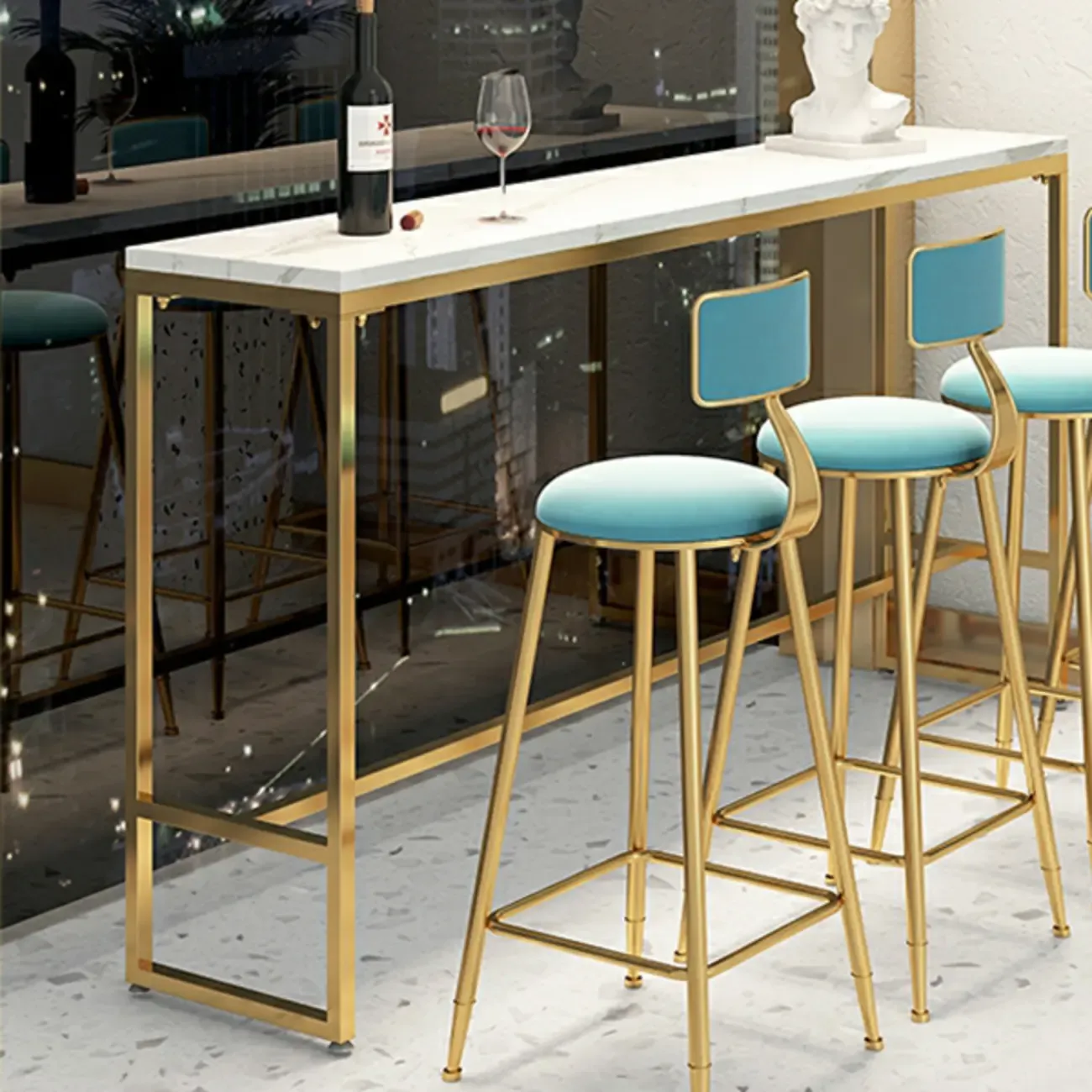 Glam White Marble Gold Iron Trestle Footrest Bar Tables