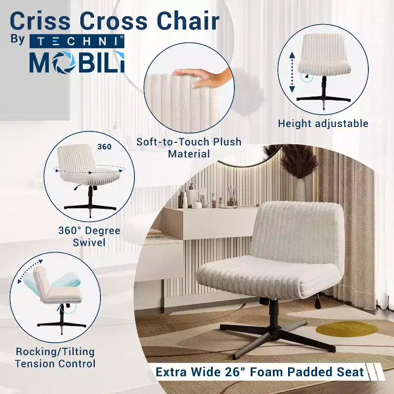 Okak Plush Criss Cross Chair with Adjustable Height, Office Chair with Extra Wide Seat, Comfy Chair for Home, Office, White