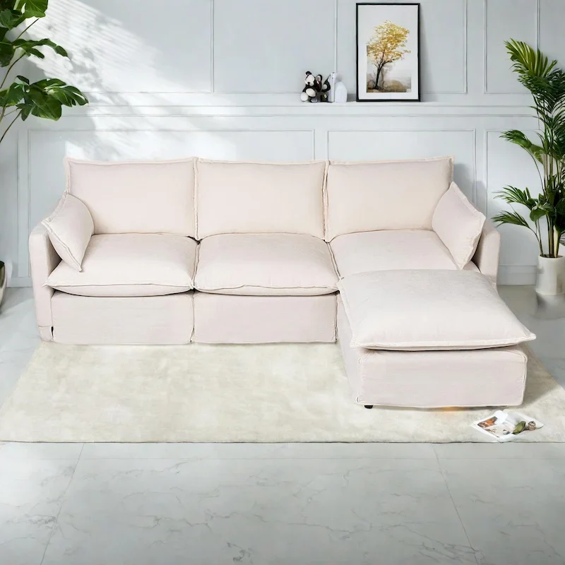 93.31  Faux Linen Modular Sectional Sofa with Movable Ottoman, Solid Wood Frame, and High-Resilience Foam Cushions