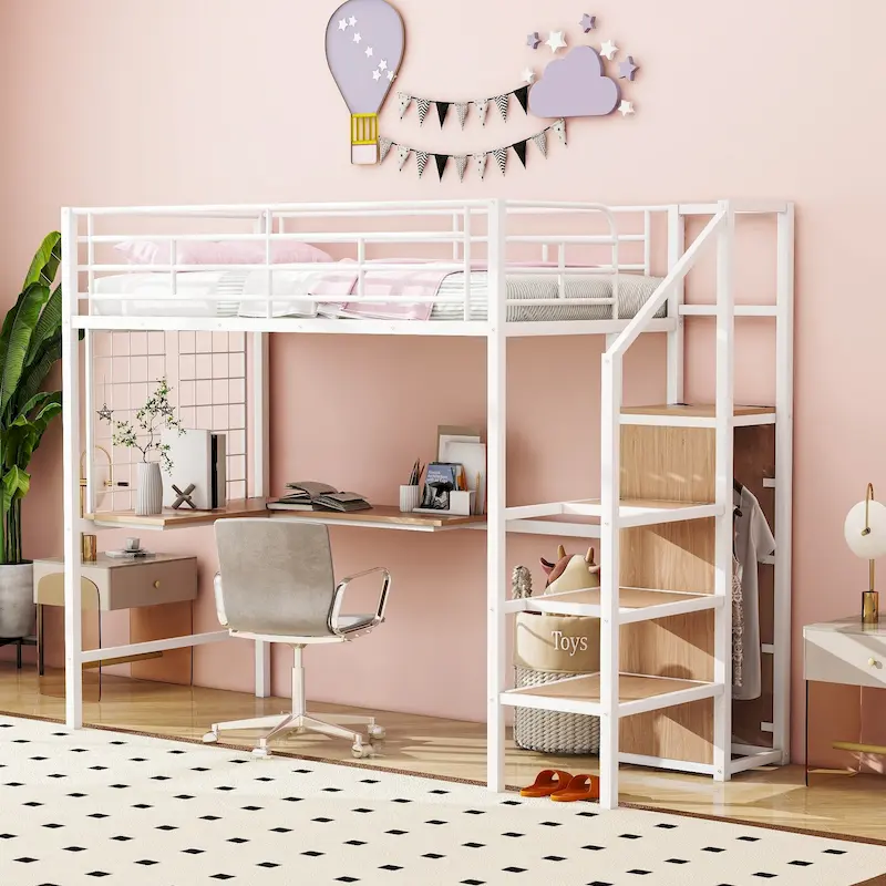 White Twin Metal Loft Bed with Desk & Storage, 1-Person