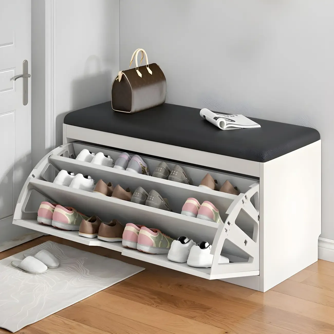 Entryway Wooden Drop Front Shoe Storage Bench Padded Seat
