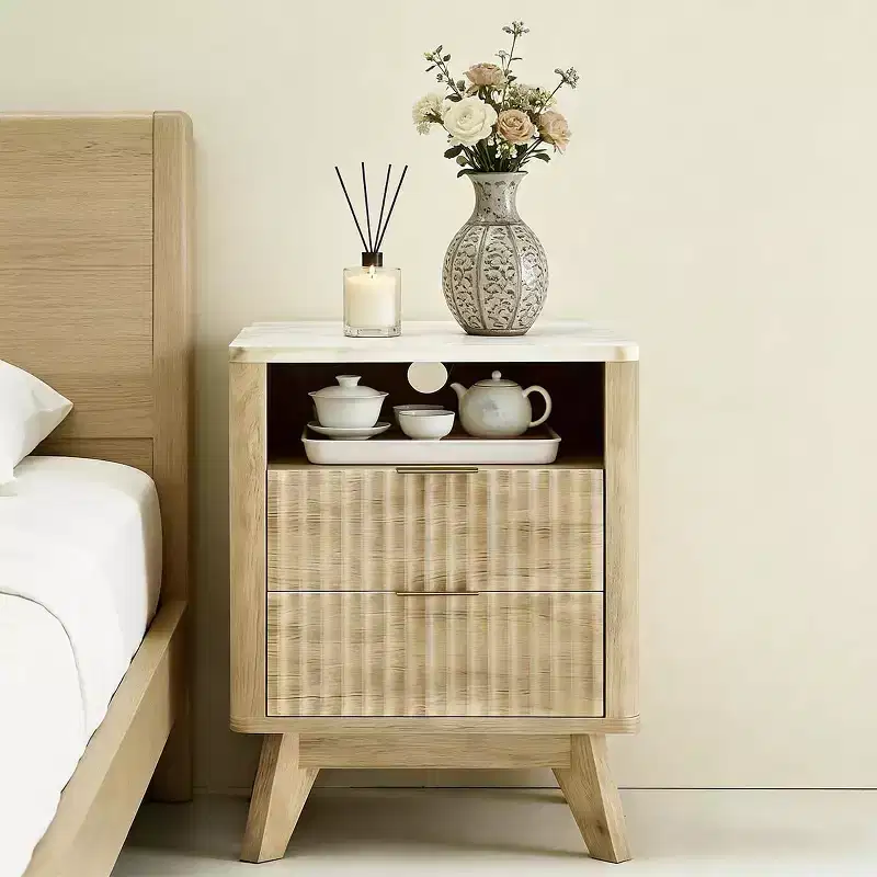 Modern Nightstand with Charging Station. Fluted Bedside Table with Storage. Modern Side End Table with Wood Legs for Bedroom. Dorm