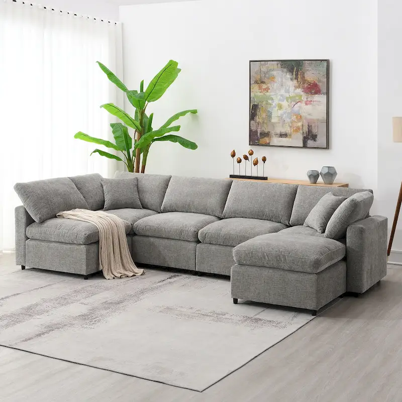 6 Seat Modern Modular Cloud Sofa Bed Chenille Sectional Couch Set with Ottoman