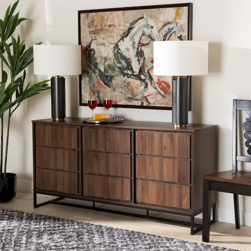 Walnut Brown & Black Modern 3-Door Sideboard Buffet with Metal Base – 1-Piece