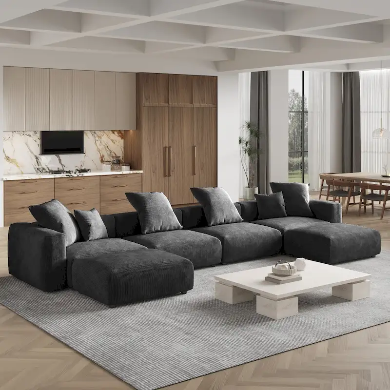 Large U-Shape Linen Reversible Modular Seating Component Sectional with 2 Ottoman