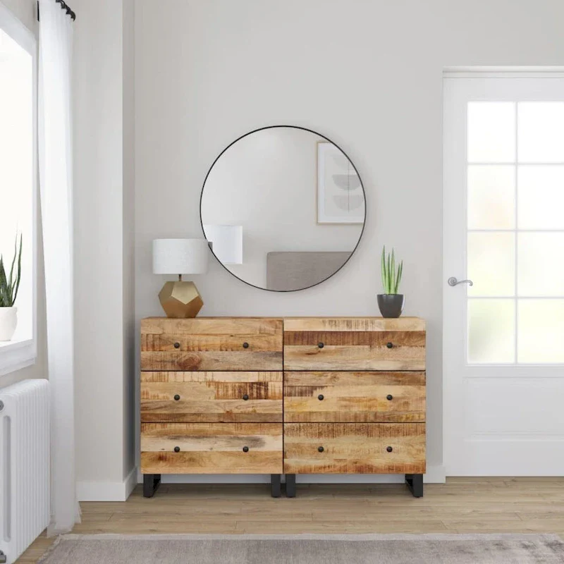 Industrial Solid Mango Wood Sideboard with Drawers – 23.6W x 13D x 29.5H, Black Frame