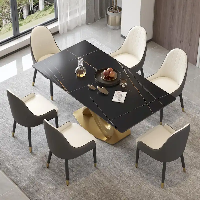 70 White Sintered Stone Dining Table with Stainless Steel Gold Pedestal