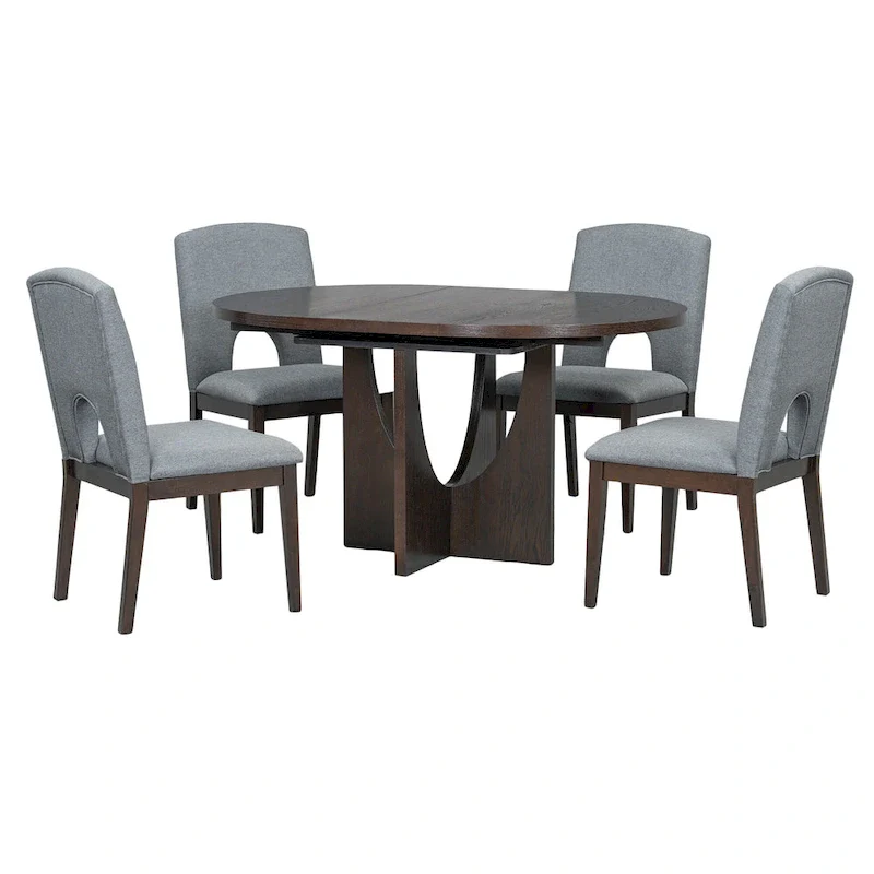 Modern Style 5-Piece Extendable Round Dining Table Set with Removable Leaf and Upholstered Dining Chairs