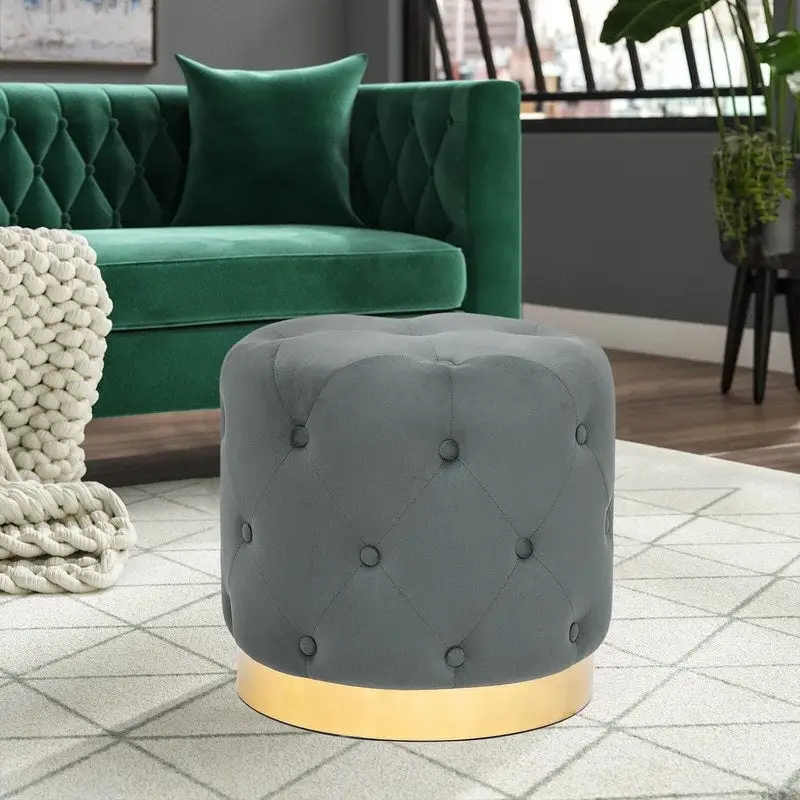Grey / Green / Blue / Orange / White Round Velvet Ottoman, Gold-Plated Base, Single-Person Footrest & Seat