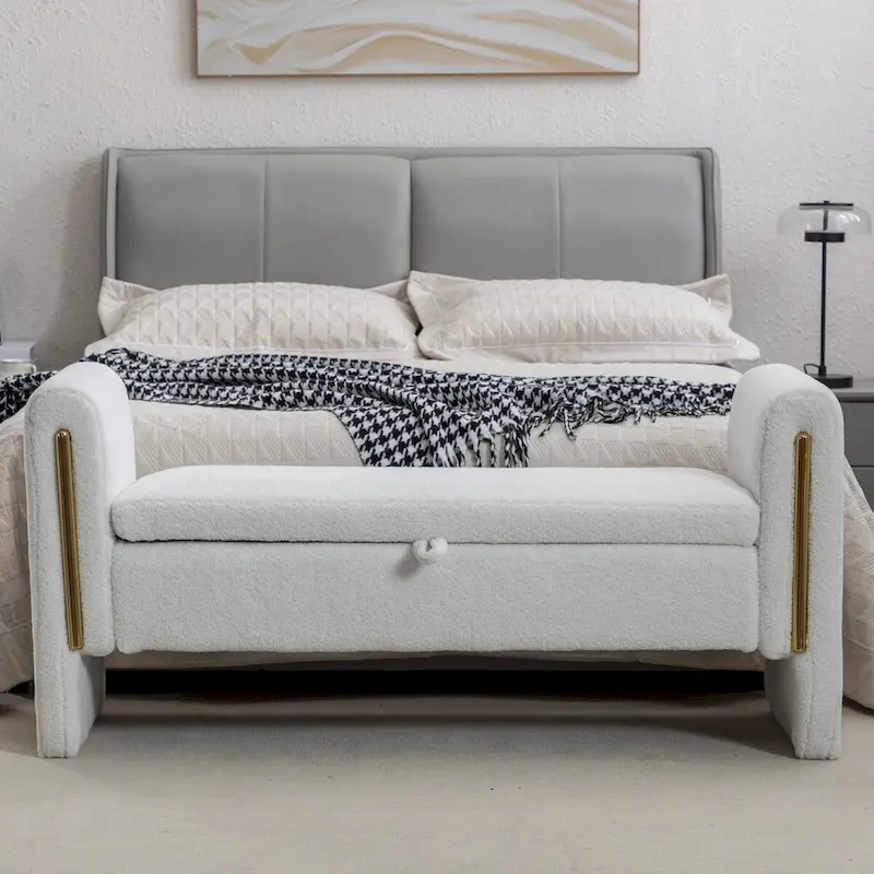 Ivory / Coffee Teddy Fabric Storage Bench with Gold Metal Trim, 1-Seat