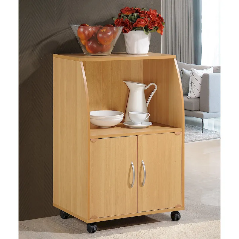 Hodedah Wooden Mini Wheeled Microwave Island Cart with Cabinet Storage, Beech - 33.07
