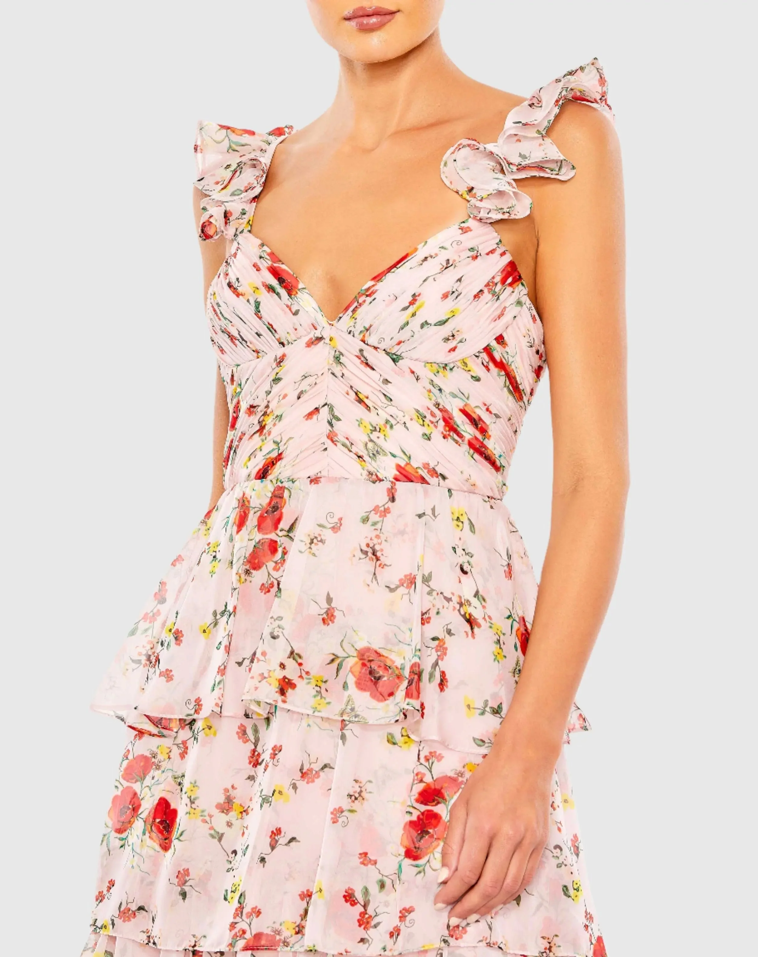Pink Ruffled Sleeveless Draped Tiered Floral Print Gown