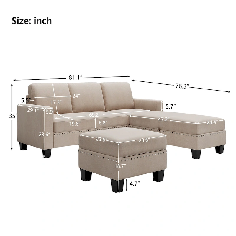[New] [VIDEO provided] 81.1*76.3*35 Reversible Sectional Couch with Storage Ottoman L-Shaped Sofa,Sectional Sofa with Chaise,Na