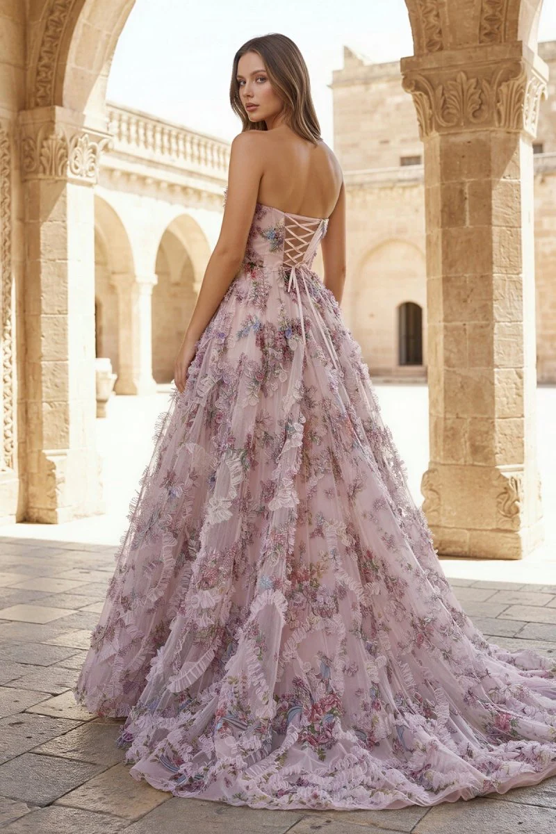 A-Line Strapless Floral Print Ruffle Long Prom Dress with Slit