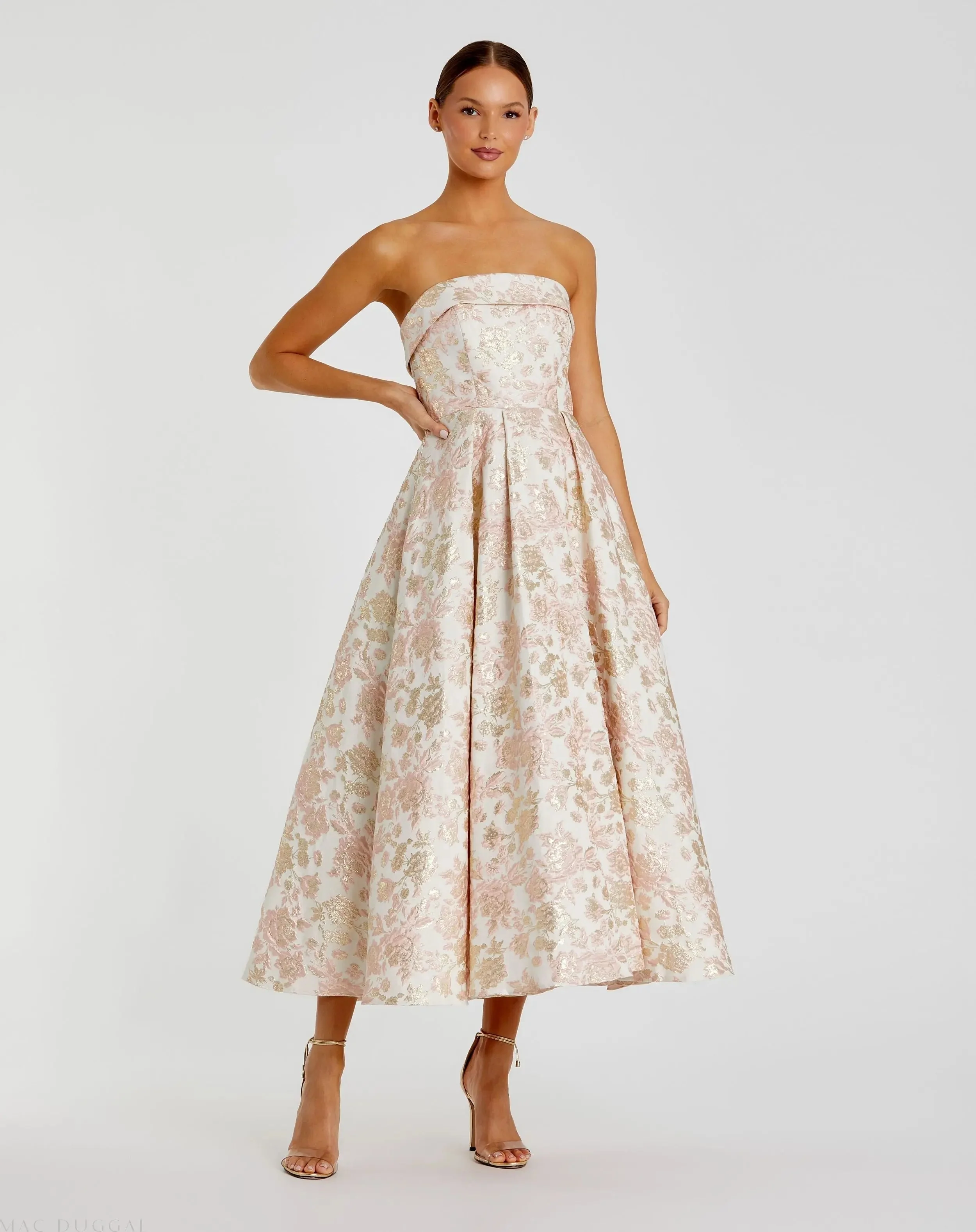 Pink and White Strapless Floral Brocade A Line Midi Dress