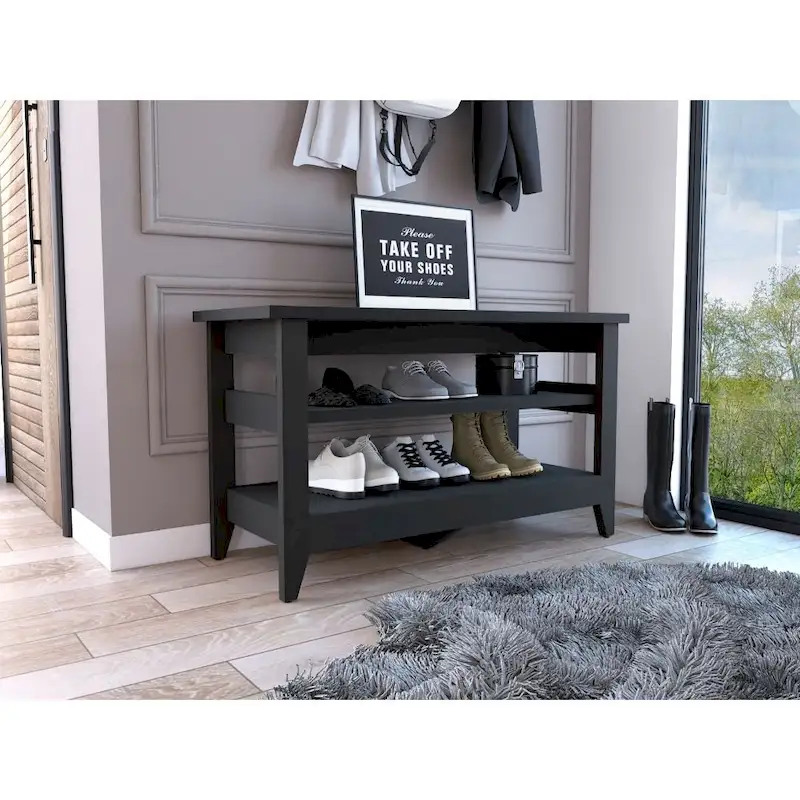 Light Oak / Black Storage Bench with 2 Open Shelves, 4 Legs