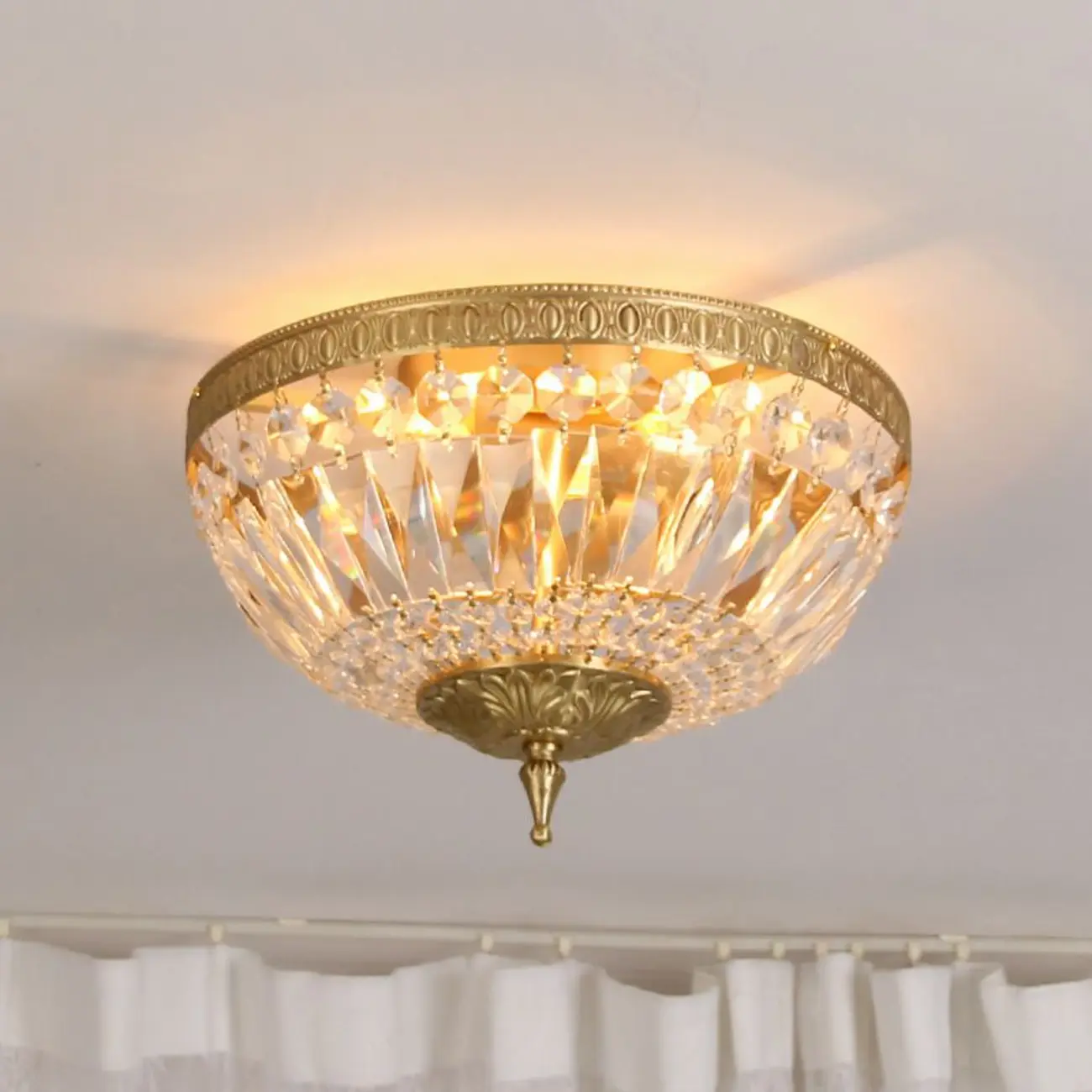 European Classical Crystal Brass Drum Flush Ceiling Light