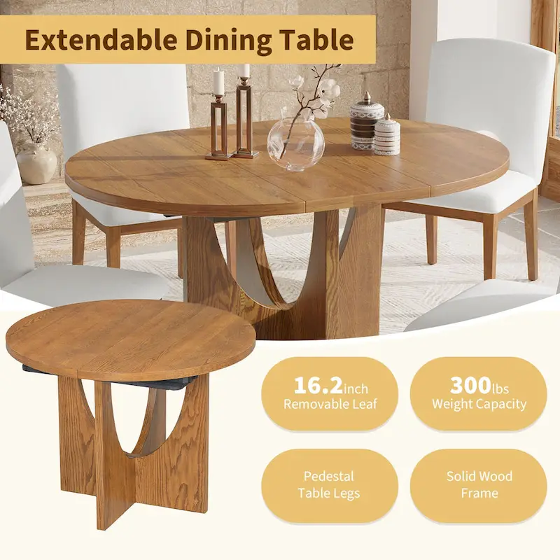 Modern Style 5-Piece Extendable Round Dining Table Set with Removable Leaf and Upholstered Dining Chairs