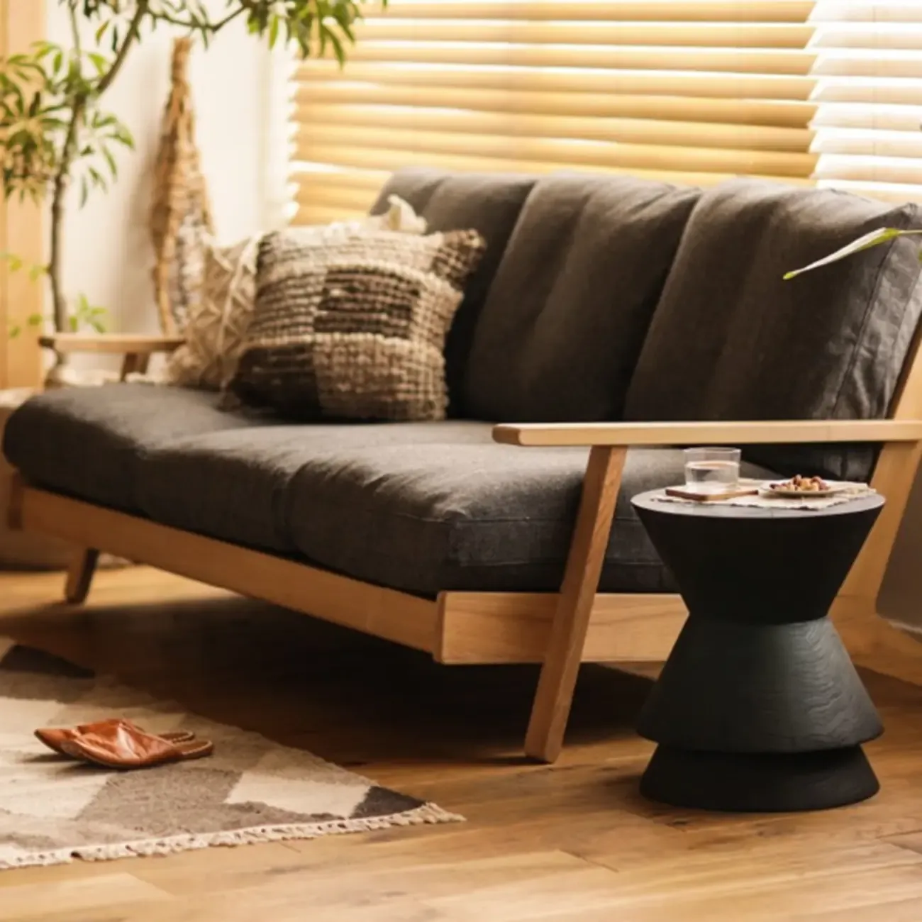 Small Round Modern Pine Wood Side Table with Drum Base