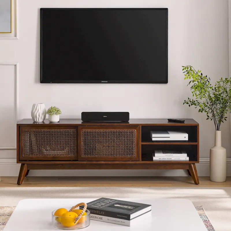 Walnut Rattan-Door TV Stand, Open Shelves, Fits up to 65