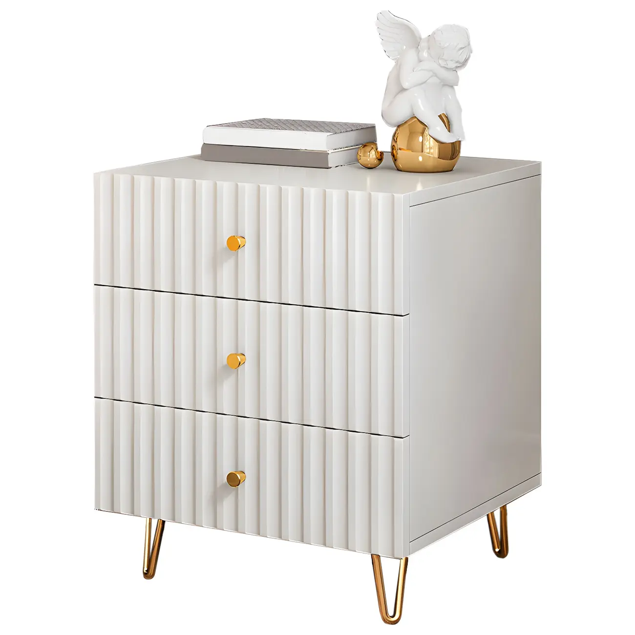 Modern Wooden Stripe Gold Accents Stylish Nightstand