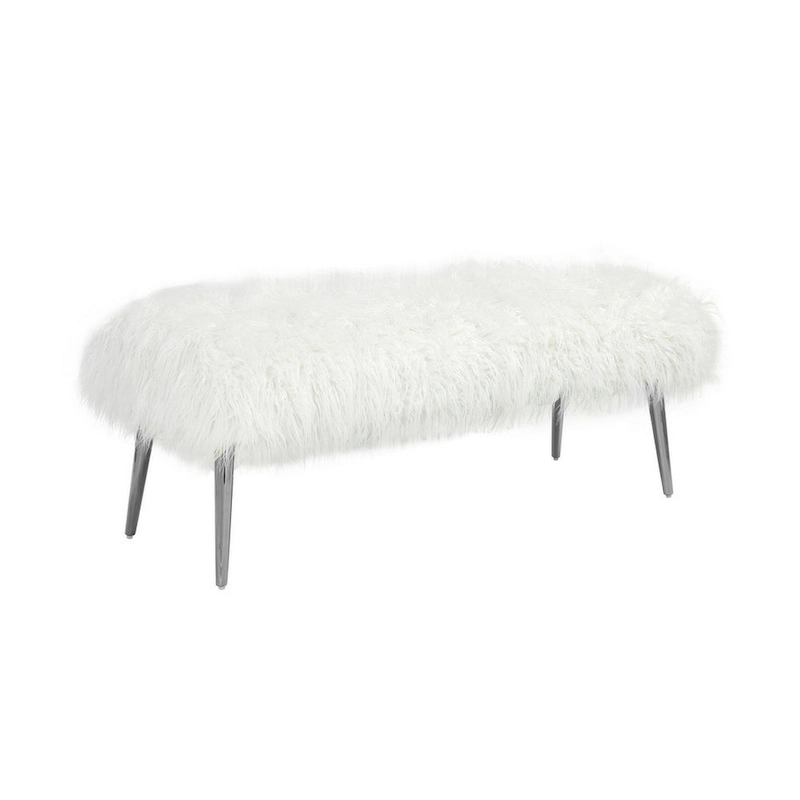 Ammy 45 Inch Bench with Foam Fill Seat, White Faux Fur, Silver Metal Legs
