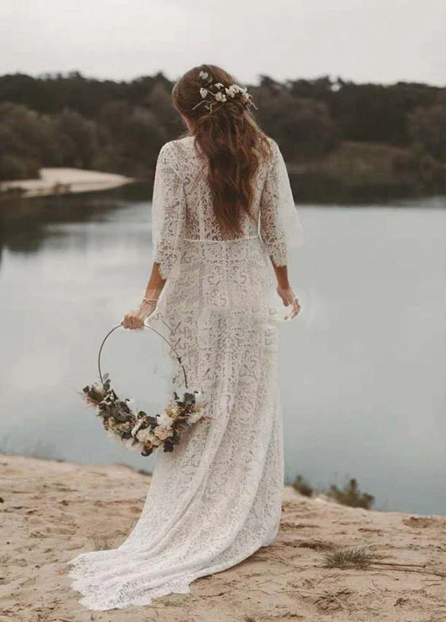 Bohemian Lace Deep V Neck Half Sleeves A Line Beach Wedding Dresses