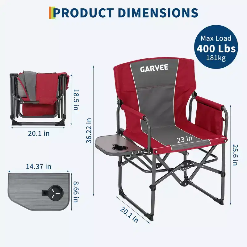 GustoWave Oversized Directors Camping Chair, Portable Folding Chair for Adults Support 400 lbs with Side Table, Red