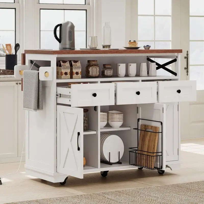 Farmhouse 46.5 Kitchen Island with Power Outlet, Rolling Kitchen Cart on Wheels with Drop Leaf