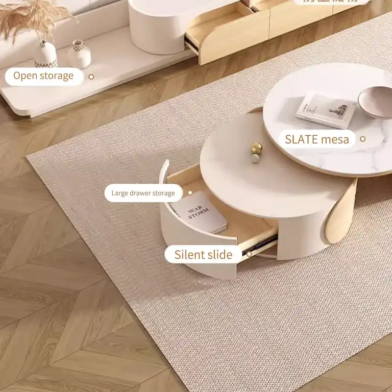 Modern Round Coffee table, Stone Table-top, Natural Wood - 50 x 31.5