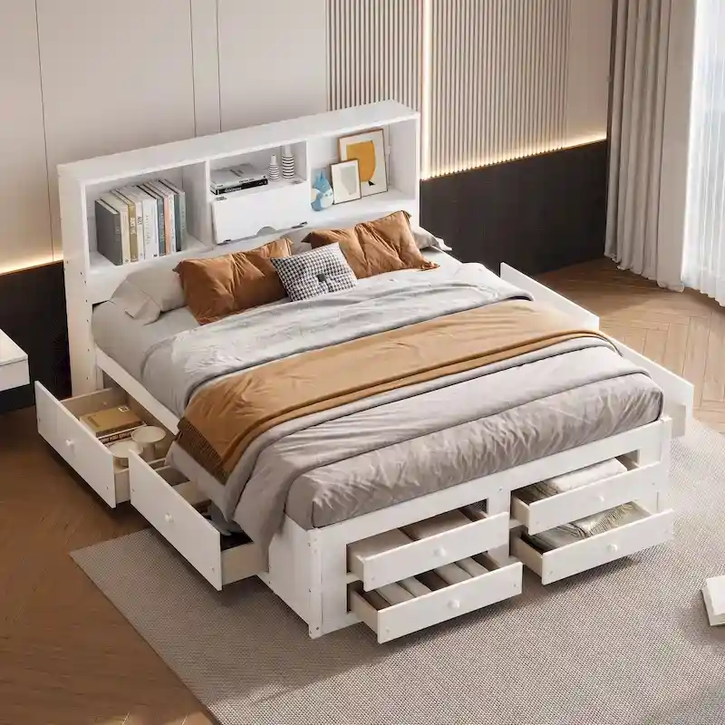 White Modern King Platform Bed with Storage Headboard & 8 Drawers – 1-Sleeper